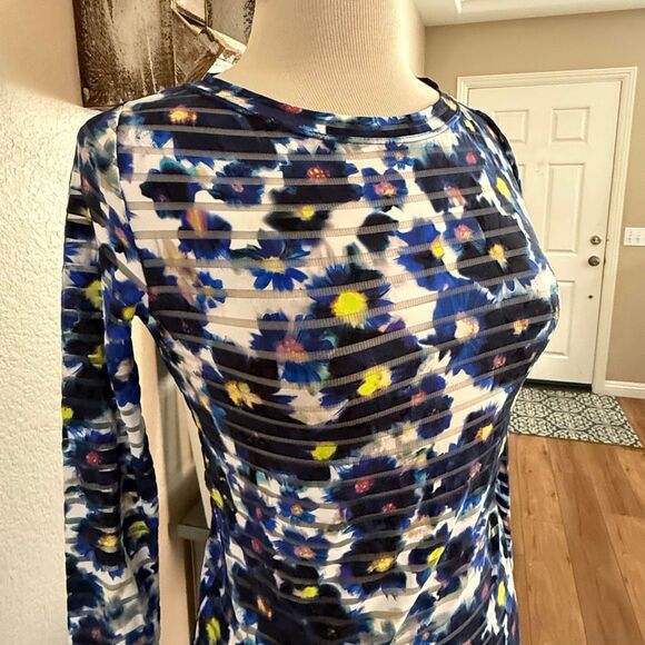 Fuzzi Jean Paul Gaultier Womens Floral Mesh Striped Long Sleeve Top Blue Large - Picture 7 of 11